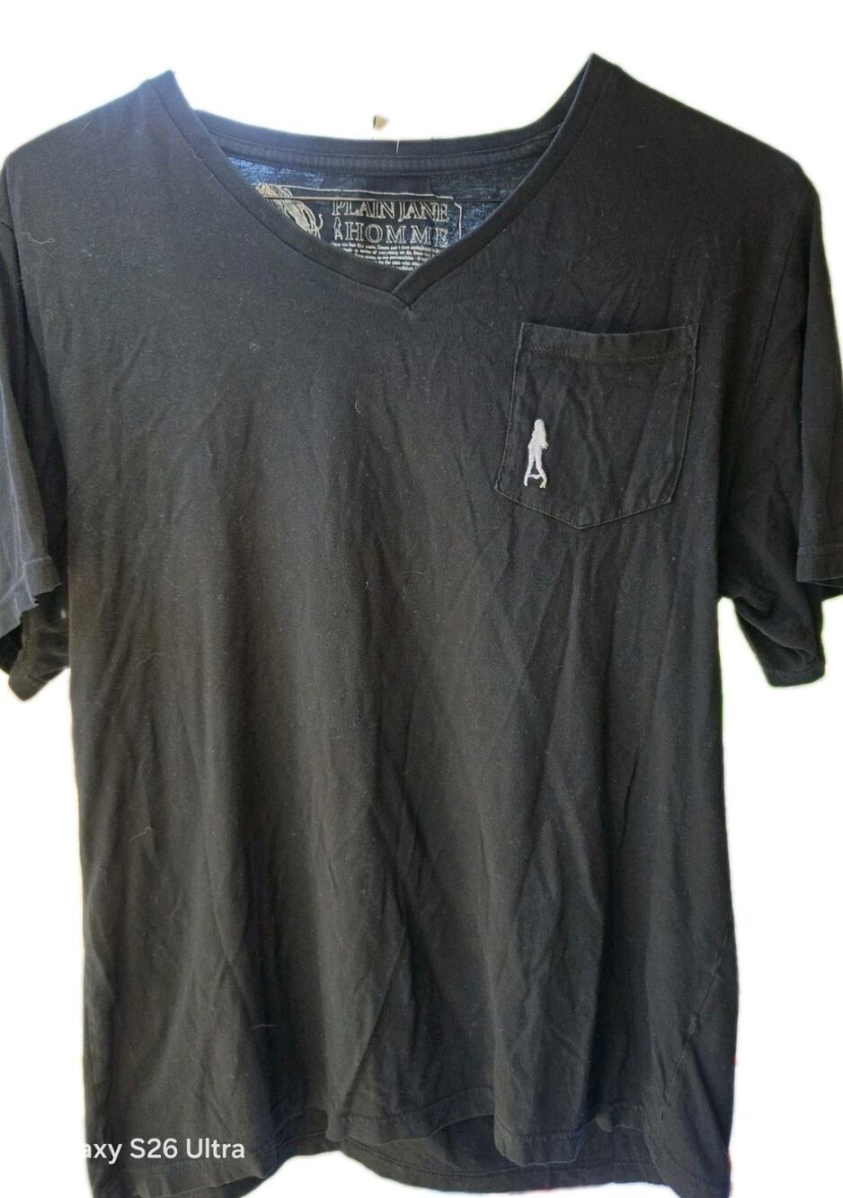 Plain Jane Homme Men's Black Cotton Knit V-Neck Pocket Tee Short Sleeve L